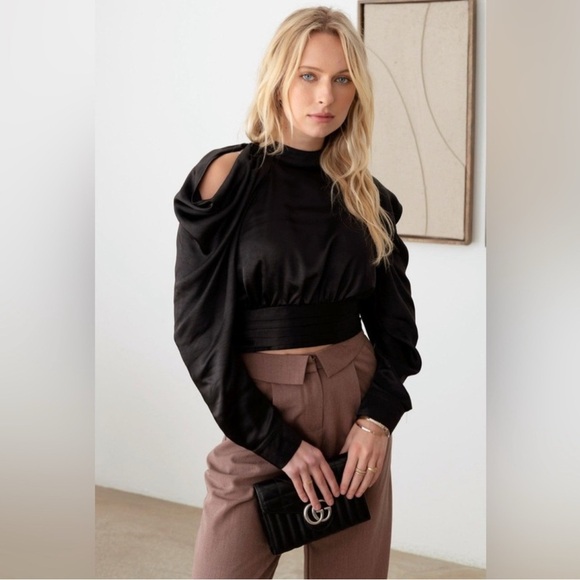 DO+BE Satin Drape Sleeve Crop Cold Shoulder Top - Picture 2 of 5